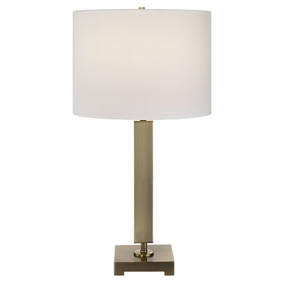 Uttermost Duomo Brass Table Lamp – Antique Brass Metal Base with White Linen Shade, 14"x14"x27"