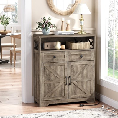 Storage Cabinet with Charging Station, Small Coffee Bar, Microwave Stand Buffet Sideboard Rack