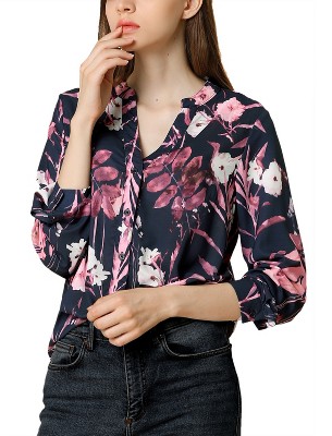 Allegra K Women's Floral Loose V Neck Long Sleeve Button-Up Shirt