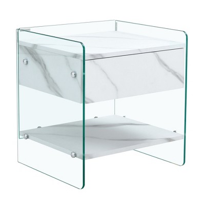 FONTOI End Table with Drawer, Side Table with Tempered Glass, Coffee Table for Living Room, White, 15.5"*19"*17.7"