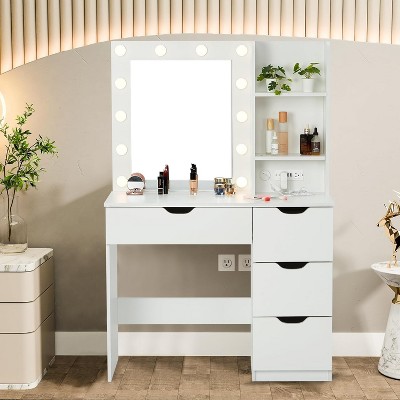 Makeup Vanity with Mirror, 12 LED Lights and Power Outlet, Vanity Desk with 4 Drawers and 3 Storage Shelves