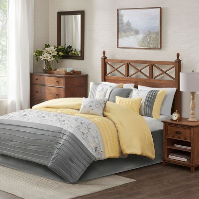 Kumasinova 7Pcs Embroidered Comforter Set,3-Toned All Season Luxury Bedding Set with Sheets,Shams&Decor Pillows,Machine Washable,Yellow