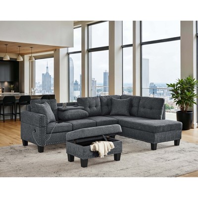 L-Shaped Sectional Sofa Upholstered Power Sectional Sofa with Storage Ottoman and Built-In Power Outlet & USB Port