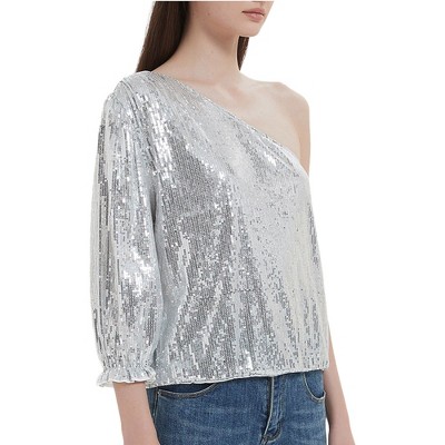 Anna-Kaci Women's Summer Sparkle Sequins One Shoulder Top Blouse Cocktail Casual Glitter Sequined T-Shirt Tops