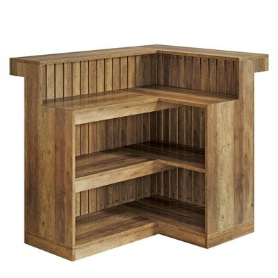 Resenkos Rustic Wooden Corner Bar Table, L - Shaped Home Pub Counter with Stools, Industrial Kitchen Island Decor Brown