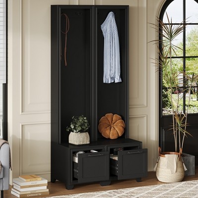 YOOCOZZ 3-IN-1 Hall Tree Set of 2 with Seating Bench and Storage Drawers,Multifunctional Entryway Coat Rack with Black Retro Handles