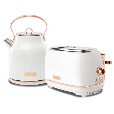 Haden Heritage 2 Slice Wide Slot Stainless Steel Toaster Bundled with 1.7 Liter Stainless Steel Electric Water Kettle, Ivory & Copper