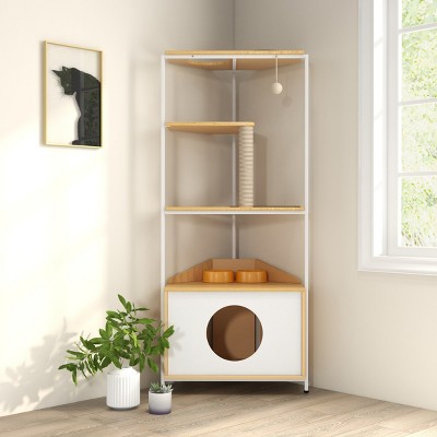 Corner Cat Tower, Cat Tree With Scratching Post, Cat Condo With Feeding Station And Climbing Platforms, Pet Furniture For Indoor Cats-Cuddlewood