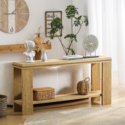 Angel Sar 63'' Rustic Console Table with Storage Shelf, Narrow Farmhouse Sofa Table with Beaded Trim for Entryway or Behind Couch, Wood