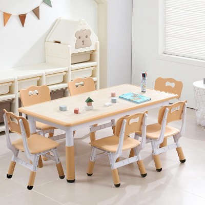 Kids Table and 6 Chairs Set, Height Adjustable Toddler Table and Chair Set with Graffiti Desktop and Non-Slip Legs, Max 300lbs Activity Art Table