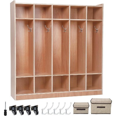 5-Section Classroom Coat Locker, Daycare Cubby with 4 Hidden Wheels, 5 Hooks, 2 Storage Boxes, for Kids, Kindergarten, Home, School