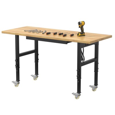 Huxxion 60" Adjustable Work Bench, Heavy Duty Rubber Wood Work Table with Power Outlet and 4 Wheels for Garage, Workshop, Office, Home