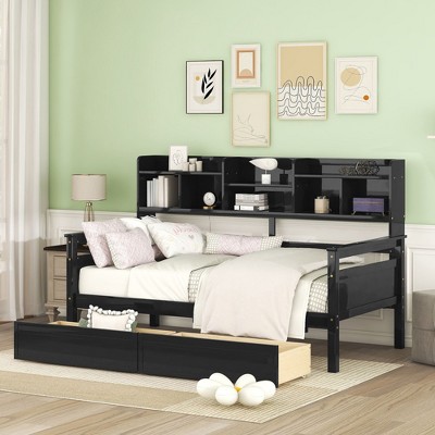 Sapphtopaz Daybed with Bookshelf Platform Bed Frame with Bedside Shelves and 2 Drawers Wood Slat Support Beds for Apartment, Bedroom