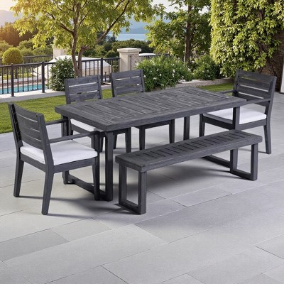 6-Piece Outdoor Acacia Wood Dining Set with Rectangular Table, 4 Cushioned Chair, and Bench