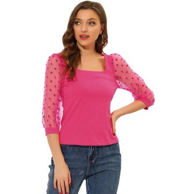 INSPIRE CHIC Women's Retro Square Neck Slim Fit Semi Sheer 3/4 Mesh Sleeve Top