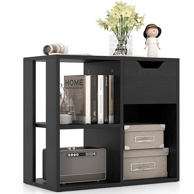 Costway 1/2 PCS 3-Cube Bookcase Organizer with 2-tier Wooden Storage Shelf & Pull-out Drawer Black/White