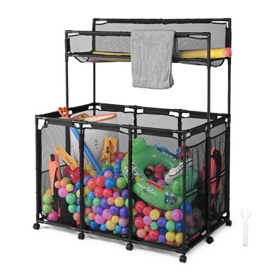 Yescom Metal Frame 10 Wheels Rolling Mesh Pool Storage Bin Double Decker with Noodle Holder Pool Float Storage