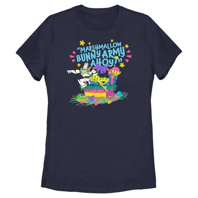 Women's Toy Story Easter Buzz Lightyear and Aliens Marshmallow Bunny Army Ahoy T-Shirt