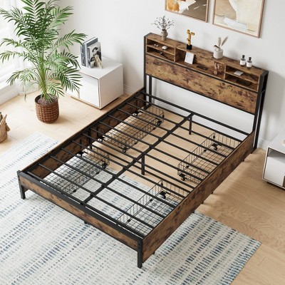 MAYEERTY Queen Size Brown Metal Platform Bed Frame 4 Storage Drawers Wooden Headboard Charging Station No Box Spring Noise Free Easy Assembly