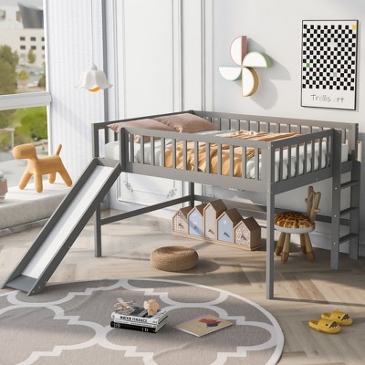 Whisen 79.9"L x 56"W Modern and Simple Wood Full Size Low Loft Bed with Ladder and Slide, Long-Time Use
