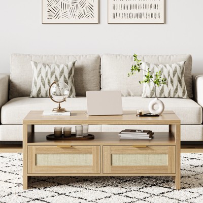 40 Inch Table, Farmhouse Center Table with 2 Drawers and Open Shelf, Table with Storage and Thick Wood Top for Living Room, Brown
