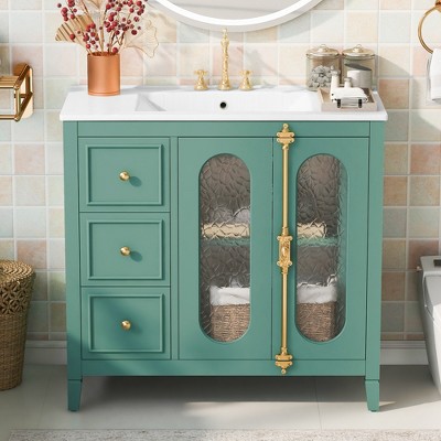 36" Bathroom Vanity with Ceramic Sink, Bathroom Storage Cabinet with 3 Drawers, Side Shelf and Translucent Patterned Glass Door, Lake Green-ModernLuxe