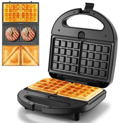 OSTBA 3-in-1 Sandwich Maker, Panini Press, Waffle Iron with 3 Removable Non-Stick Plates, 750W Toaster for Sandwiches, Grilled Cheese, Steak — Black