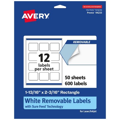 Avery Matte White Removable Rectangle Labels with Sure Feed Technology, Print-to-the-Edge, 1-13/16" x 2-3/16"