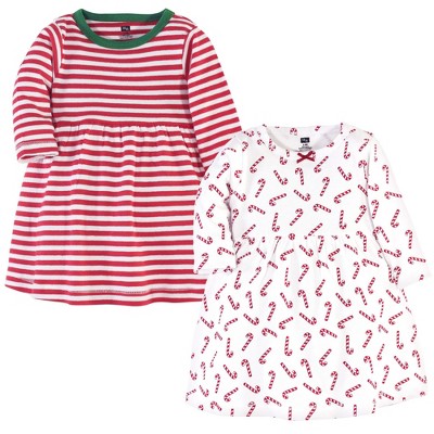 Hudson Baby Infant and Toddler Girl Long-Sleeve Cotton Dresses 2pk, Candy Cane