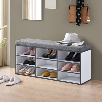 Kings Brand Furniture Shoe Bench With Cushion And 9 Cube Storage – Wood Shoe Organizer, Entryway Seating, Cushioned Bench