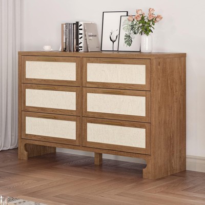 6 Drawers for Bedroom, 47.2 Inch Chest of Dressers, Farmhouse Burlap Wide Closet Dressers Chest of Drawers Brown