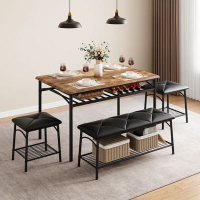 Jojoka Dining Table Set for 4, Kitchen Table with Upholstered Bench and 2 Square Stools