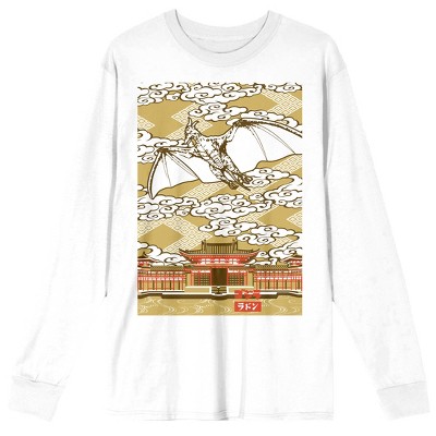 Godzilla Rodan Flying Over Temple Crew Neck Long Sleeve Adult White Tee