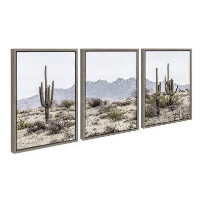 Kate and Laurel Sylvie Tall Saguaro Cacti Desert Mountain Left, Middle and Right Framed Canvas by The Creative Bunch Studio, 3 Piece 18x24, Gray