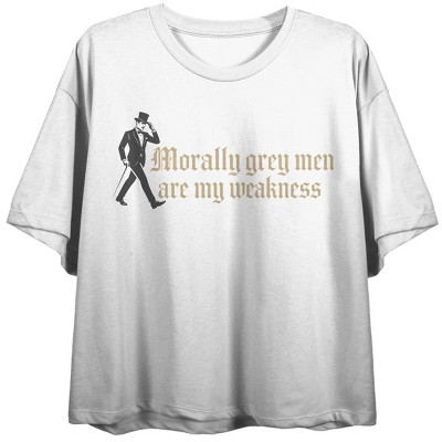 Morally Grey Men Are My Weakness Text, Gentleman in a Tuxedo Walking Silhouette on White Short Sleeve Adult Crop T-Shirt