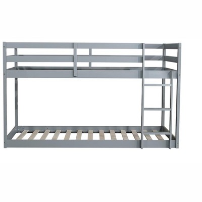 COWLOWN Twin over Twin Bunk Bed with Ladder, Solid Rubber Wood Low Height Bunk Bed with Storage & Strengthened Slats