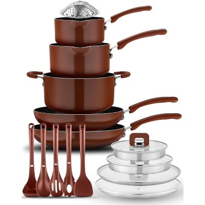 NutriChef Kitchenware 17-Piece Non-Stick Cookware Set, Space-Saving, Stackable, Induction Base, Brown