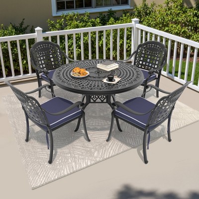 5-Piece Cast Aluminum Outdoor Dining Set: Round Table, Stackable Chairs & Blue Cushions - All-Weather Patio Furniture for Your Backyard