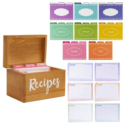 Juvale Wooden Recipe Box with 60 4x6 Cards, 24 Dividers with Tabs and Blank Sections