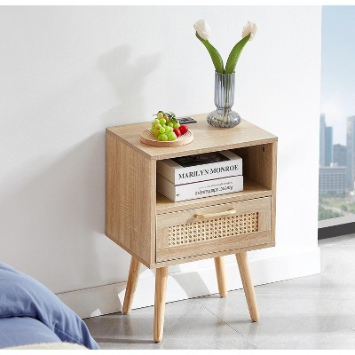 KWPZQEB Rattan Nightstand, Bed Side Table with Drawer & Open Shelf, Modern Wooden Night Stand for Bedroom Living Room Small Space