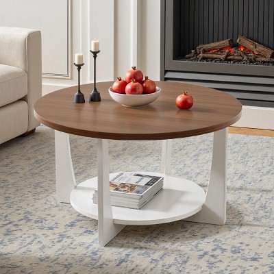 Bekrvio 31.5'' Round Coffee Table with Solid Wood Pine Legs, 2-Tier Boho Wood Coffee Table with Storage Shelf for Living Room