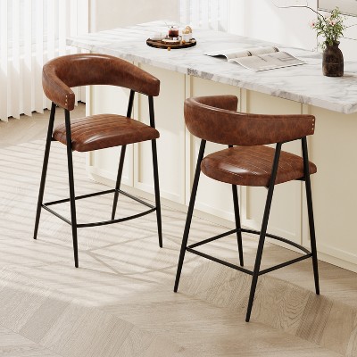 Christopher Knight Home Sara Upholstered 26" Faux Leather Iron Frame Counter Stool with Footrest, Brown