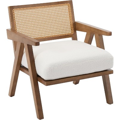 Mid-Century Farmhouse Accent Chair - Wood Armchair with Rattan Backrest & Removable Linen Cushion for Living Room, Bedroom