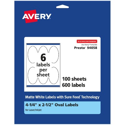 Avery Matte White Oval Labels, 4.25" x 2.5"