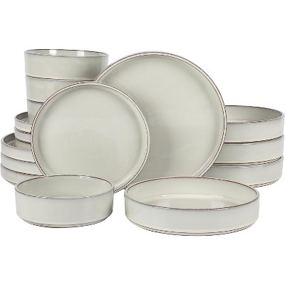 Bloomhouse Santorini Mist 16 Piece Double Bowl Terracotta Reactive Glaze Plates and Bowls Dinnerware Set - Moonstone White, Amber, Garnet Red, or Jade