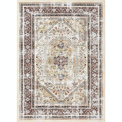 Living Room Area Rug 8x10 Machine Washable Vintage Boho Soft Area Rug Low Pile Non Slip Large Rug for Living Room,Bedroom,Dining Room,Yellow Brown