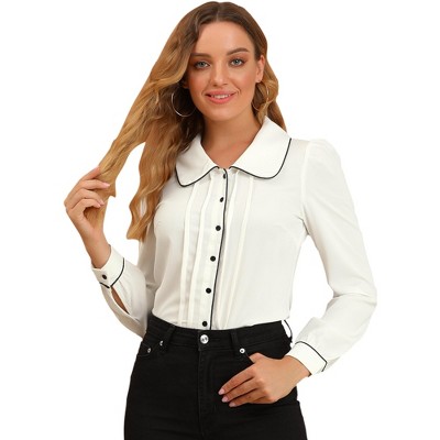INSPIRE CHIC Women's Casual Peter Pan Collar Button Down Contrast Puff Sleeve Work Blouse