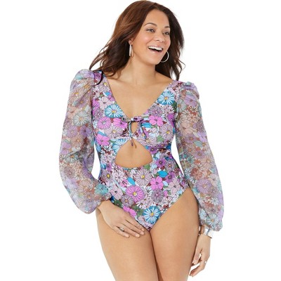 Swimsuits for All Cup Sized Chiffon Sleeve One Piece Swimsuit (Plus Sizes Available)