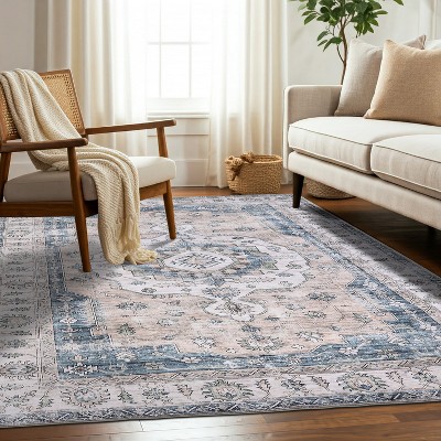 Delara Machine Washable Area Rug, Soft & Durable, Non-Slip Rug for High Traffic Areas, Light Blue/Ivory