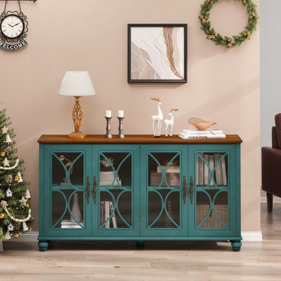 KIGFTSOD Elegant European Antique Style 4-Door Cabinet with Tempered Glass Doors, for Dining Room,Living Room, Hallway